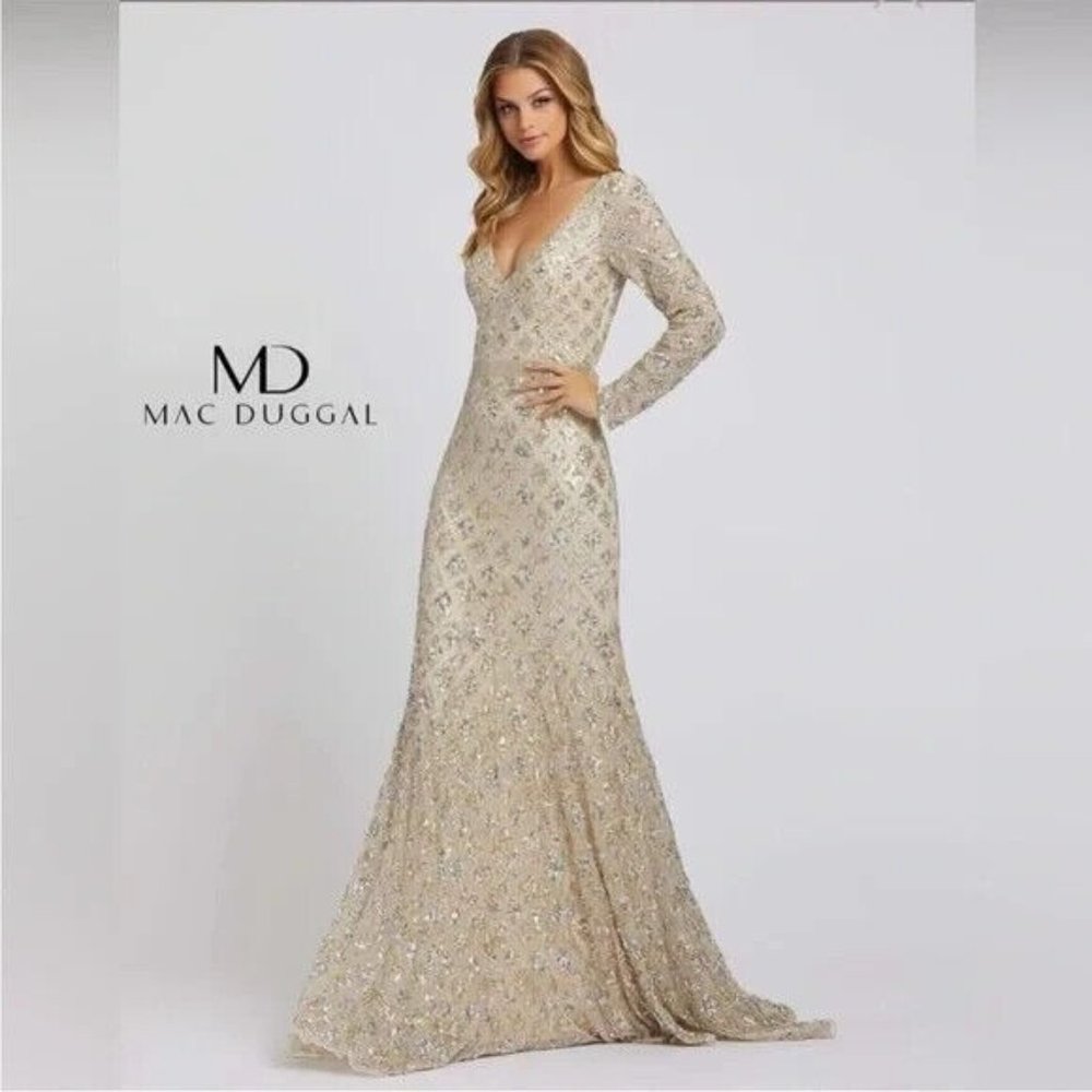 Mac Duggal Dress 5021 Geometric Embellished Evening Gown Long Sleeve - Picture 1 of 16